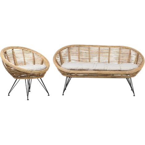 Conjunto 3 plazas ratán sofá sillón boho beige claro cojín tela algodón resistencia media interior natural Maratea