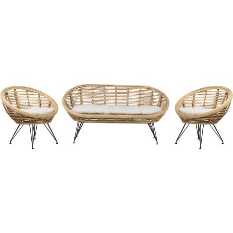 Conjunto 4 plazas ratán sofá sillón boho beige claro cojín tela algodón resistencia media interior natural Maratea