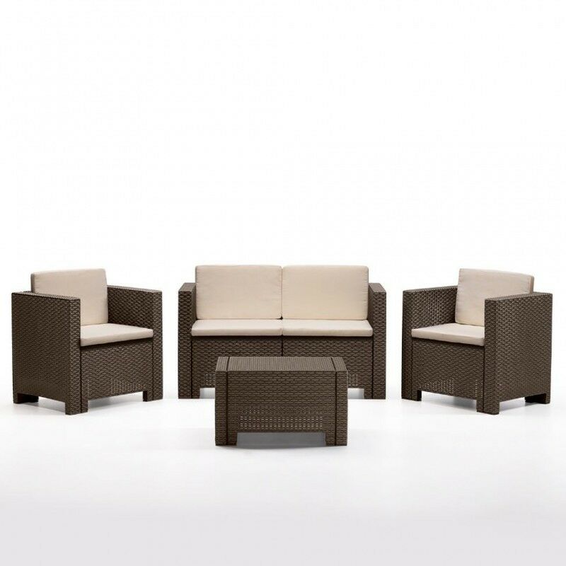 

Conjunto ACACIA, 1+1+2+mesa, poliratán chocolate, cojínes incluidos