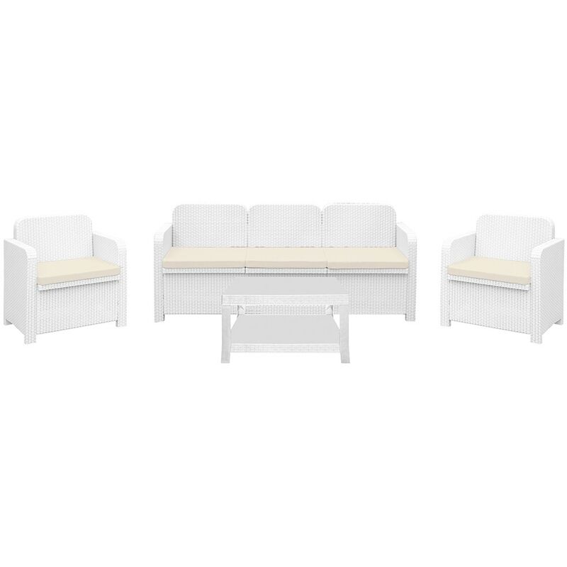 

Conjunto BRASIL, 2 Sillones + sofá + mesa, poli ratán blanco, cojines