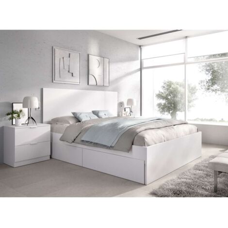 Conjunto cama matrimonio con cajones y dos mesitas Rocio acabado blanco.