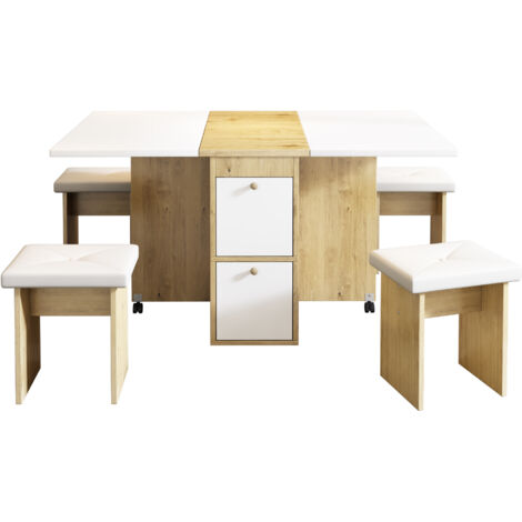Conjunto comedor 5 piezas: mesa extensible blanco y roble 120/160x80x75 cm y 4 sillas, diseño nórdico funcional para espacios modernos