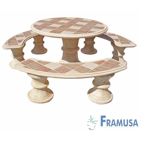 CONJUNTO COMEDOR PIEDRA CIRCULAR JARDIN ABETO GRES CON AZULEJOS OCRE