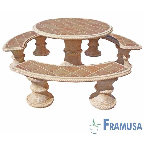 CONJUNTO COMEDOR PIEDRA CIRCULAR JARDIN ABETO TOSTADO CON AZULEJOS OCRE