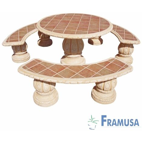 CONJUNTO COMEDOR PIEDRA CIRCULAR JARDIN ALAMO TOSTADO CON AZULEJOS OCRE