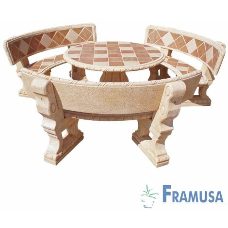CONJUNTO COMEDOR PIEDRA CIRCULAR JARDIN CASTAÃƒâ€˜O GRES AZULEJOS CON RESPALDO OCRE