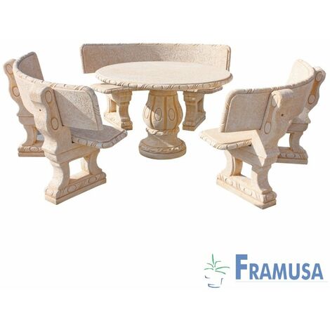 CONJUNTO COMEDOR PIEDRA CIRCULAR JARDIN CASTAÃƒâ€˜O NATURAL CON RESPALDO OCRE