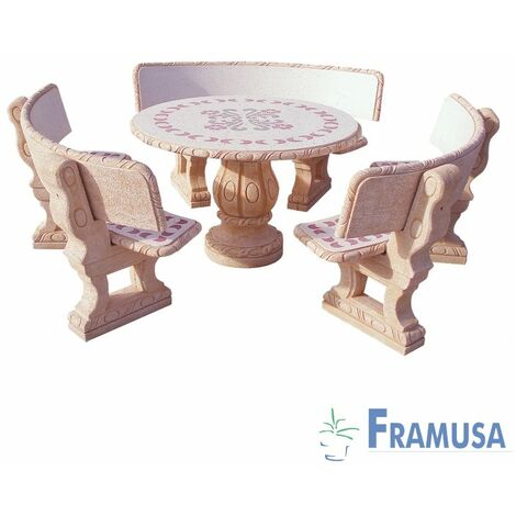 CONJUNTO COMEDOR PIEDRA CIRCULAR JARDIN CASTAÃƒâ€˜O PARSIFAL ROJO PULIDO Y DECORADO CON RESPALDO OCRE