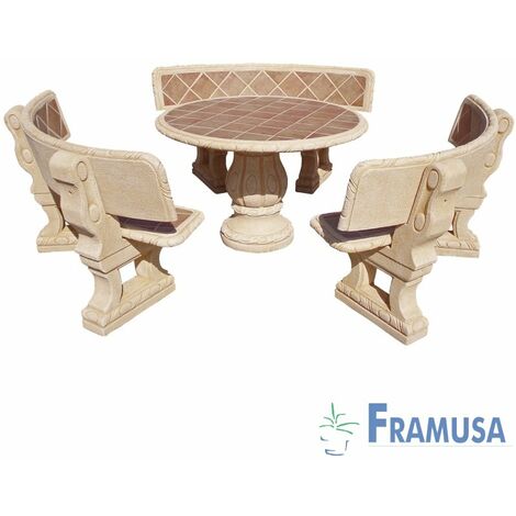 CONJUNTO COMEDOR PIEDRA CIRCULAR JARDIN CASTAÃƒâ€˜O TOSTADO AZULEJOS CON RESPALDO OCRE
