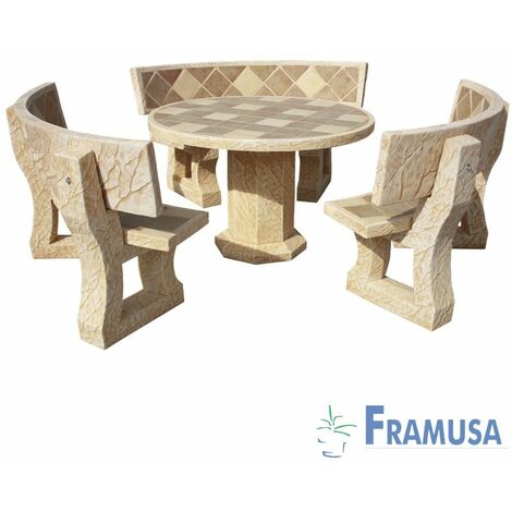 CONJUNTO COMEDOR PIEDRA CIRCULAR JARDIN CIRCUS GRES CON AZULEJOS Y CON RESPALDO OCRE