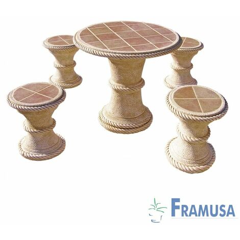 CONJUNTO COMEDOR PIEDRA CIRCULAR JARDIN MANGO TOSTADO CON AZULEJOS OCRE