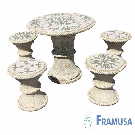 CONJUNTO COMEDOR PIEDRA CIRCULAR JARDIN MANGO ZAHAR PULIDO Y DECORADO OCRE
