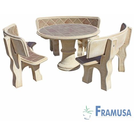 CONJUNTO COMEDOR PIEDRA CIRCULAR JARDIN PINO TOSTADO CON AZULEJOS Y CON RESPALDO OCRE