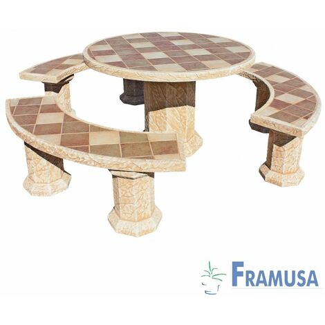 CONJUNTO COMEDOR PIEDRA CIRCULAR JARDIN SENIOR GRES CON AZULEJOS OCRE