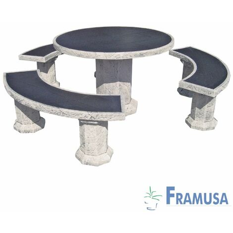CONJUNTO COMEDOR PIEDRA CIRCULAR JARDIN SENIOR VULCAN CON AZULEJOS OCRE