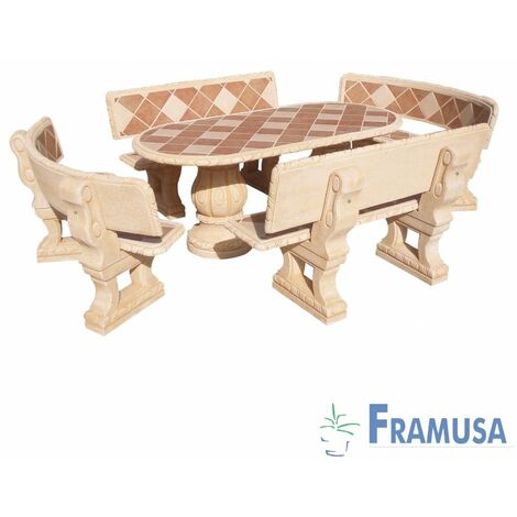 CONJUNTO COMEDOR PIEDRA OVALADO JARDIN CIRUELO GRES CON AZULEJOS OCRE