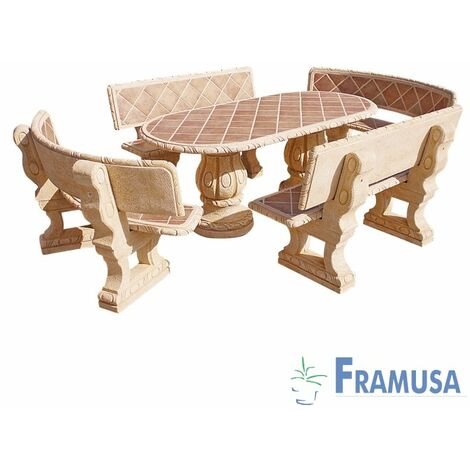 CONJUNTO COMEDOR PIEDRA OVALADO JARDIN CIRUELO TOSTADO CON AZULEJOS OCRE