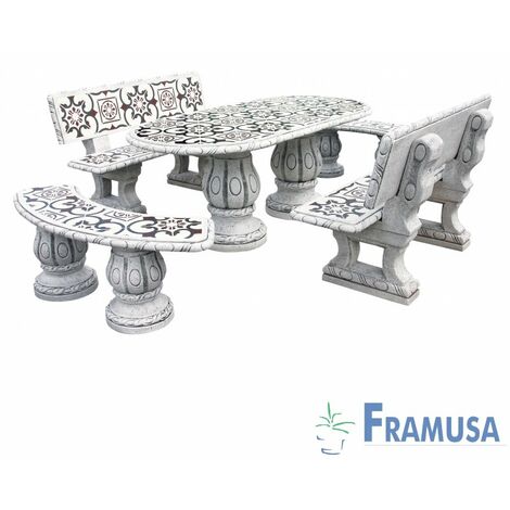CONJUNTO COMEDOR PIEDRA OVALADO JARDIN FRESNO DEICO CON AZULEJOS OCRE