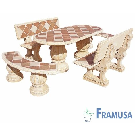 CONJUNTO COMEDOR PIEDRA OVALADO JARDIN FRESNO GRES CON AZULEJOS OCRE