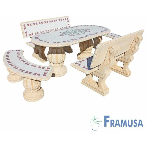 CONJUNTO COMEDOR PIEDRA OVALADO JARDIN FRESNO PARSIFAL AMARILLO PULIDO OCRE