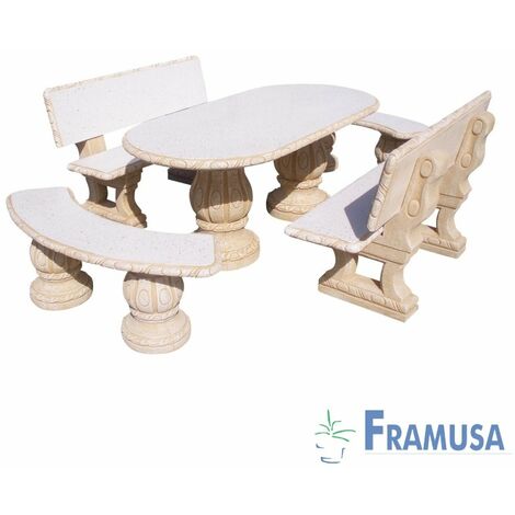 CONJUNTO COMEDOR PIEDRA OVALADO JARDIN FRESNO PULIDO OCRE