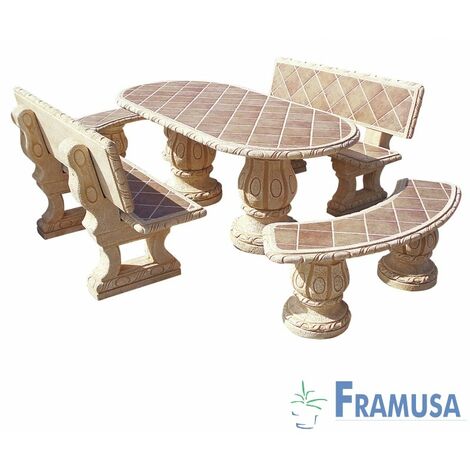 CONJUNTO COMEDOR PIEDRA OVALADO JARDIN FRESNO TOSTADO CON AZULEJOS OCRE