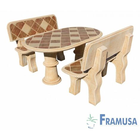 CONJUNTO COMEDOR PIEDRA OVALADO JARDIN MINI OLMO GRES CON AZULEJOS OCRE