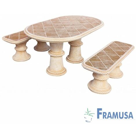 CONJUNTO COMEDOR PIEDRA OVALADO JARDIN MINI SAUCE TOSTADO CON AZULEJOS OCRE