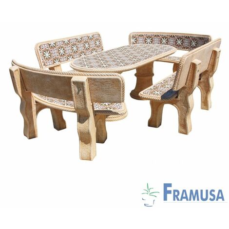 CONJUNTO COMEDOR PIEDRA OVALADO JARDIN OLIVO GOLTIS CON AZULEJOS OCRE