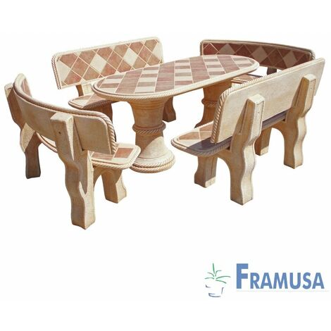 CONJUNTO COMEDOR PIEDRA OVALADO JARDIN OLIVO GRES CON AZULEJOS OCRE