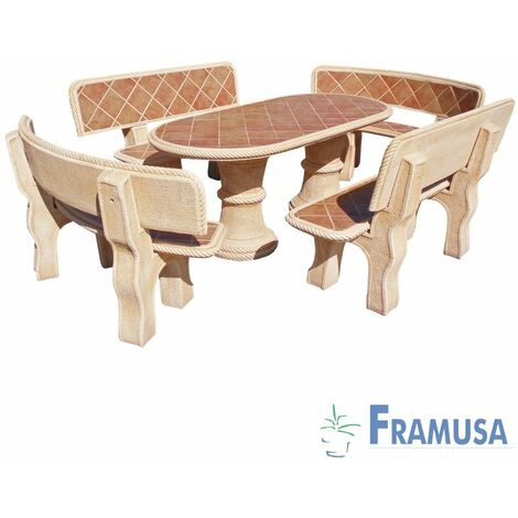 CONJUNTO COMEDOR PIEDRA OVALADO JARDIN OLIVO TOSTADO CON AZULEJOS OCRE