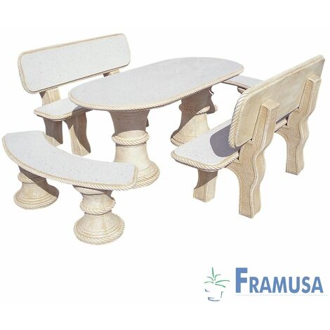 CONJUNTO COMEDOR PIEDRA OVALADO JARDIN OLMO PULIDO OCRE