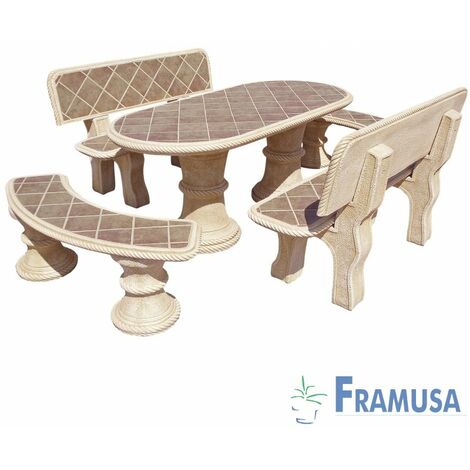 CONJUNTO COMEDOR PIEDRA OVALADO JARDIN OLMO TOSTADO CON AZULEJOS OCRE