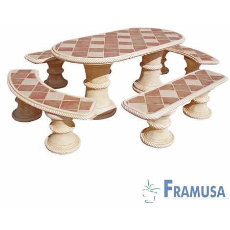 CONJUNTO COMEDOR PIEDRA OVALADO JARDIN SAUCE GRES CON AZULEJOS OCRE