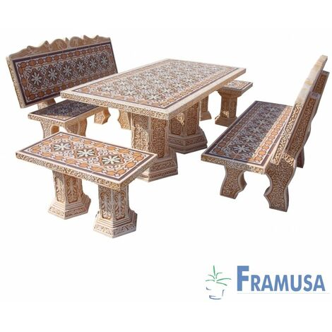 CONJUNTO COMEDOR PIEDRA RECTANGULAR JARDIN MORESCO GOLTIS OCRE