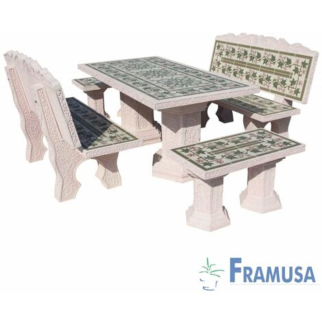 CONJUNTO COMEDOR PIEDRA RECTANGULAR JARDIN MORESCO ZAHAR SALMON