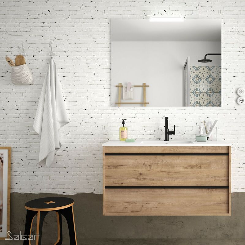 

Conjunto mueble de baño ATTILA 100 ROBLE OSTIPPO + Lavabo + Espejo + Aplique - Roble ostippo