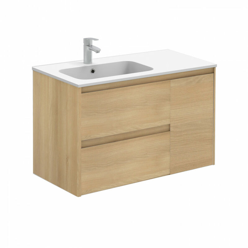 

Conjunto completo Mueble de baño 90 Alfa 2 Cajones y una Puerta Roble nórdico