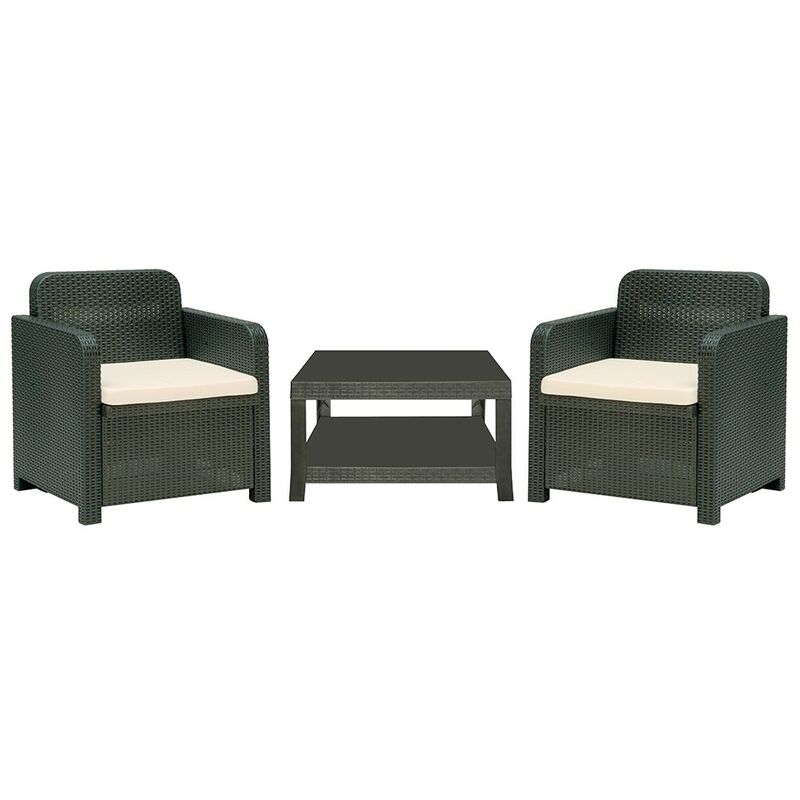 

Conjunto CÓRCEGA, 2 Sillones + mesa, poli ratán antracita, cojines