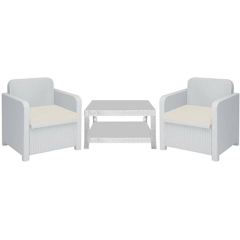 

Conjunto CÓRCEGA, 2 Sillones + mesa, poli ratán blanco, cojines