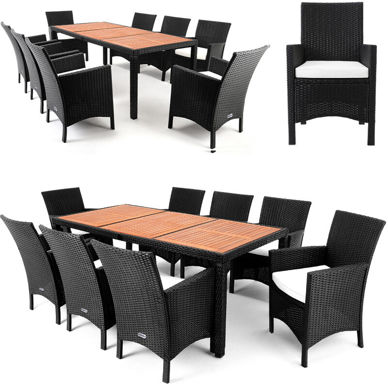 

Conjunto de 1 mesa y 8 sillas de poliratán Cojines 7cm de grosor Tablero de madera de acacia Sillas extra anchas – Muebles de jardín Set Comedor