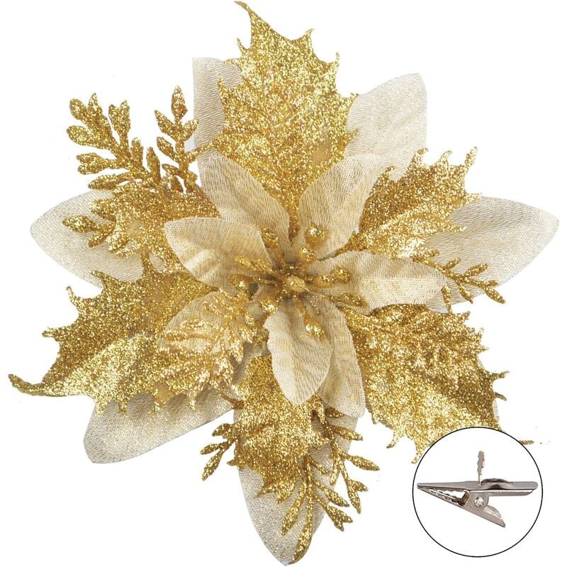 

Conjunto de 12 flores navideñas artificiales con purpurina (15 cm) para árbol de Navidad
