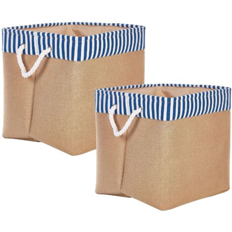 Conjunto de 2 cestas de poliéster beige blanco azul algodón asas de cuerda Tugul