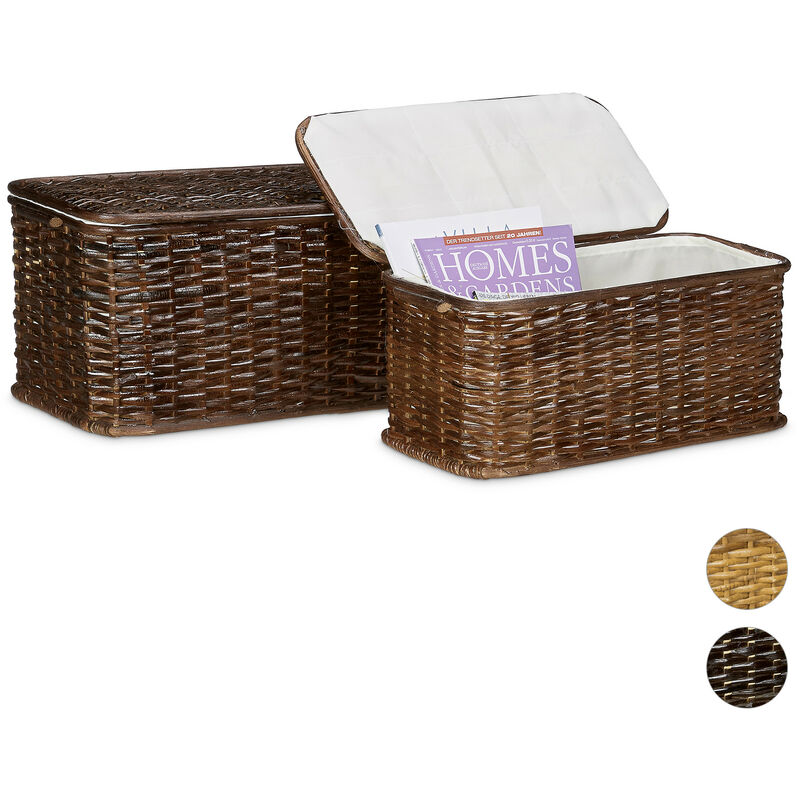 

Relaxdays - – Conjunto de 2 cofres de almacenamiento, Rattan y tela, 26 x 50 x 29,5 cm, 28 L, apilable, Cestas con tapa, trenzado, Color marrón rojizo