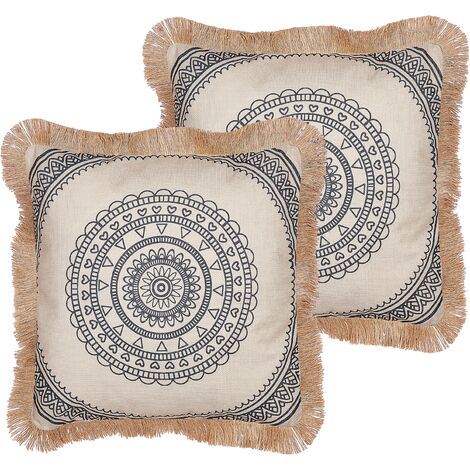 Conjunto de 2 cojines beige negro 45 x 45 cm funda poliéster borlas AGRIMONY