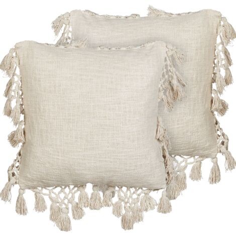 Conjunto de 2 cojines de algodón 45 x 45 cm con borlas beige Olearia