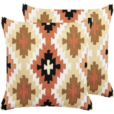 Conjunto de 2 cojines de algodón beige marrón negro blanco 50 x 50 cm Serampore