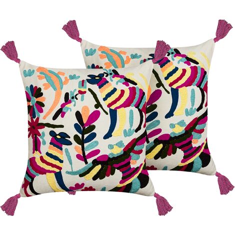 Conjunto de 2 cojines de algodón blanco rosa amarillo 50 x 50 cm lana Raiganj