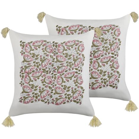 Conjunto de 2 cojines de algodón blanco rosa verde 45 x 45 cm a mano Carissa