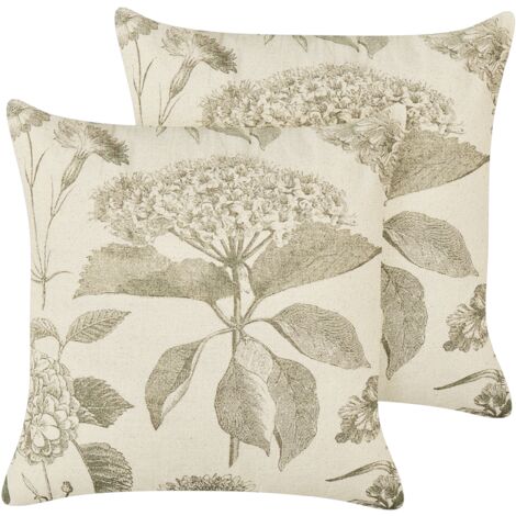 Conjunto de 2 cojines de algodón decorativos hechos a mano estampado floral cuadrado 45 x 45 cm beige y verde Rosemary